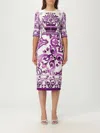 Dolce & Gabbana Violet Crewneck Dress With Rear Zip Closure And All-over Floral Print In Silk Stretch Woman