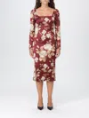 Dolce & Gabbana Rose Print Midi Dress With A Square Neckline In Red