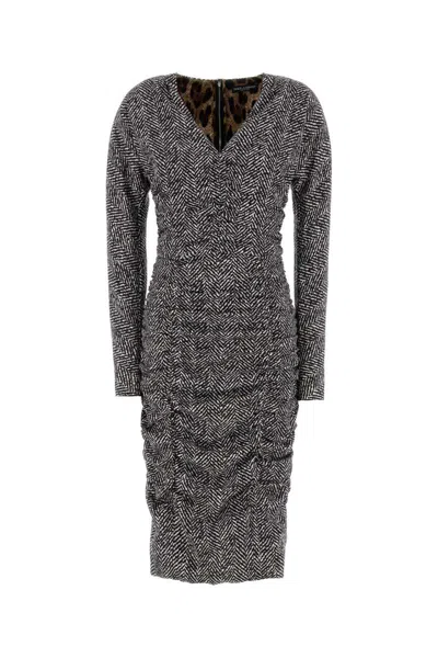 Dolce & Gabbana Long Sleeve Fitted Dress V-neckline In Gray