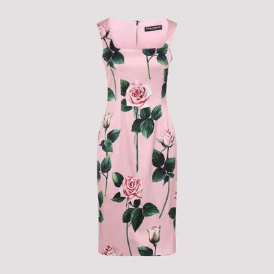 Dolce & Gabbana Pink Rose Print Satin Sheath Dress