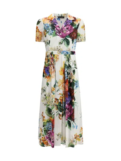 Dolce & Gabbana Flower Bouquet-print Poplin Dress In Gray