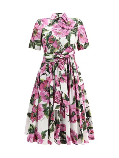 DOLCE & GABBANA PINK CREWNECK DRESS WITH LOGO LETTERING DETAIL ON THE FRONT AND ALL-OVER FLORAL MOTIF