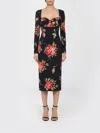 Dolce & Gabbana Rose-print Satin Long-sleeve Midi Dress In Black