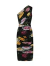 Dolce & Gabbana Tulle One-shoulder Calf-length Dress With Peony And Rose Print