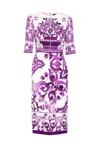 Dolce & Gabbana Violet Crewneck Dress With Rear Zip Closure And All-over Floral Print In Silk Stretch Woman In Purple