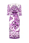 Dolce & Gabbana Violet Crewneck Dress With Rear Zip Closure And All-over Floral Print In Silk Stretch Woman In Purple