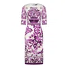 Dolce & Gabbana Violet Crewneck Dress With Rear Zip Closure And All-over Floral Print In Silk Stretch Woman In Purple