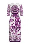 Dolce & Gabbana Violet Crewneck Dress With Rear Zip Closure And All-over Floral Print In Silk Stretch Woman In Purple