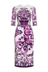 Dolce & Gabbana Violet Crewneck Dress With Rear Zip Closure And All-over Floral Print In Silk Stretch Woman In Purple