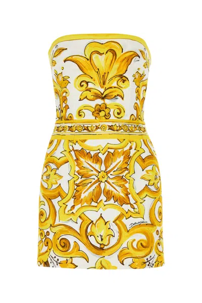 Dolce & Gabbana Short Dress With Corset Bodice In Majolica-print Brocade In Yellow