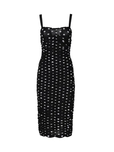 Dolce & Gabbana Polka Dot Print Draped Tulle Midi Dress In Black