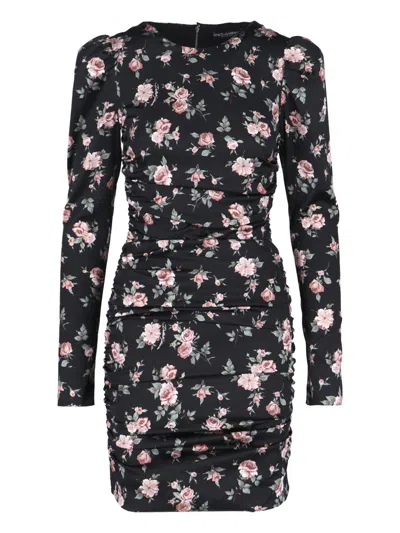 Dolce & Gabbana Black Dress With Floral Print And Side Draping In Silk Woman