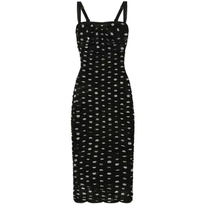 Dolce & Gabbana Tulle Dot Print Longuette Dress In Black