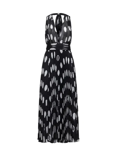 Dolce & Gabbana Pleated Chiffon Calf-length Dress With Polka-dot Print In Multi