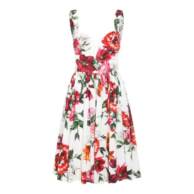 Dolce & Gabbana Multicolor Cotton Midi Dress In White
