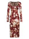 Dolce & Gabbana Floral Pattern Knee-length Dress With Long Sleeves In Red