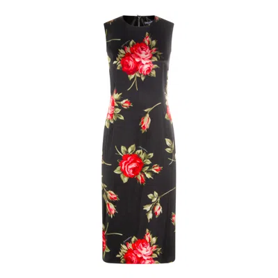 Dolce & Gabbana Women Black Dress With All-over Floral Print In Silk Woman In Multi