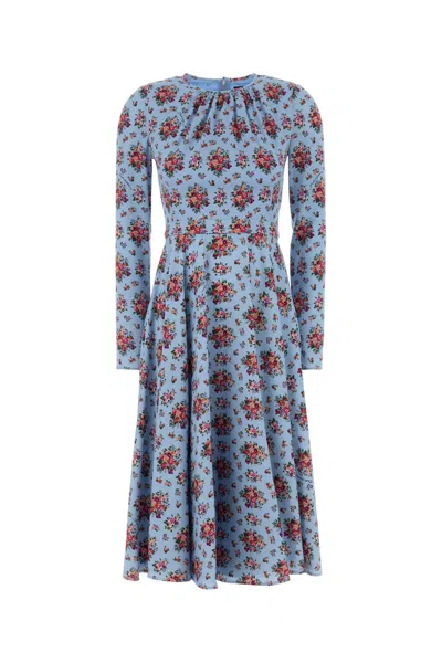 Dolce & Gabbana Floral Midi Dress Pleated Skirt Long Sleeves In Blue
