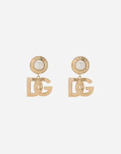 DOLCE & GABBANA DROP EARRINGS WITH CABOCHON DETAILS AND DG LOGO