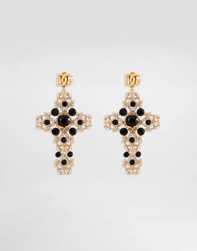 Dolce & Gabbana Drop Earrings With Filigree Cross And Dg Logo In Gold