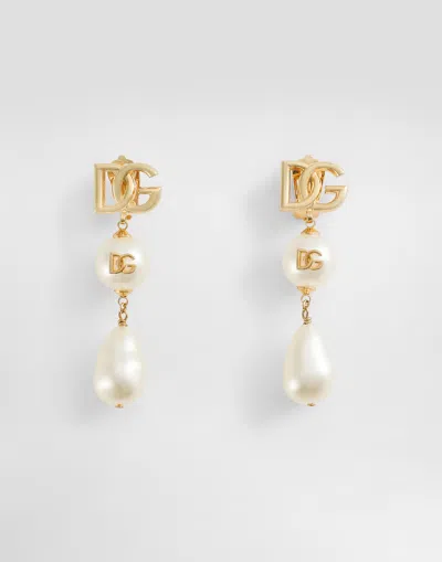 Dolce & Gabbana Drop Earrings With Teardrop Accents, Cabochons And Dg Logo In White