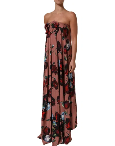 Pre-owned Dolce & Gabbana Dusty Pink Silk Floral Strapless Maxi Women's Dress ()