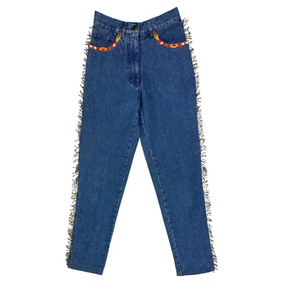 Pre-owned Dolce & Gabbana Early 1990s  Western Beaded Fringe Blue Denim Jeans 26 / It40