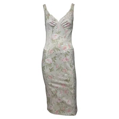 Pre-owned Dolce & Gabbana Early 2000s Floral Hummingbird Silk Slip Dress In Gray