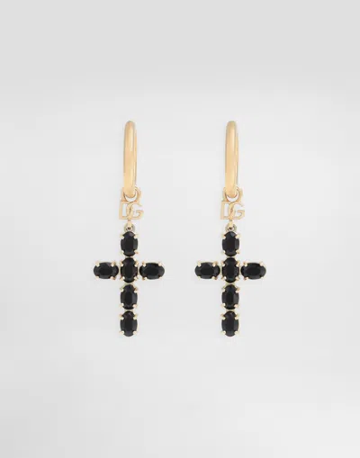Dolce & Gabbana Earrings With Crystal Rhinestone Crosses In Gold