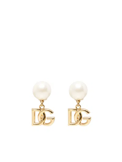 Dolce & Gabbana Earrings With Logo And Pearl In Gold