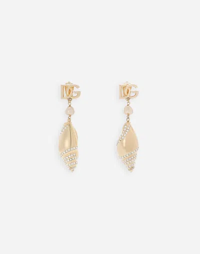 Dolce & Gabbana Earrings With Rhinestone-detailed Shell And Dg Logo In Gold