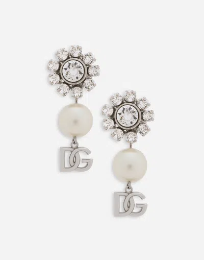 Dolce & Gabbana Earrings With Rhinestones, Pearls And Dg Logo In Silver