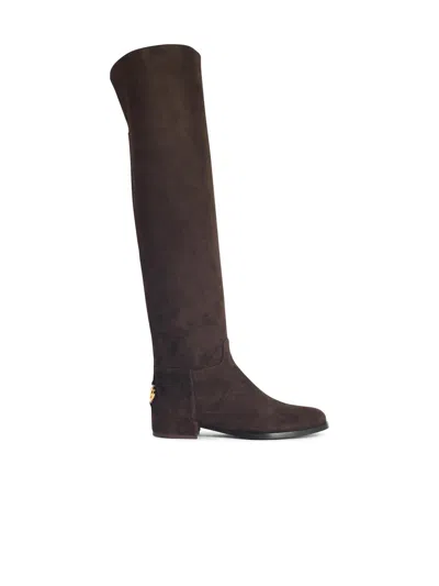 Dolce & Gabbana Dg Logo Knee-high Suede Boots In Brown