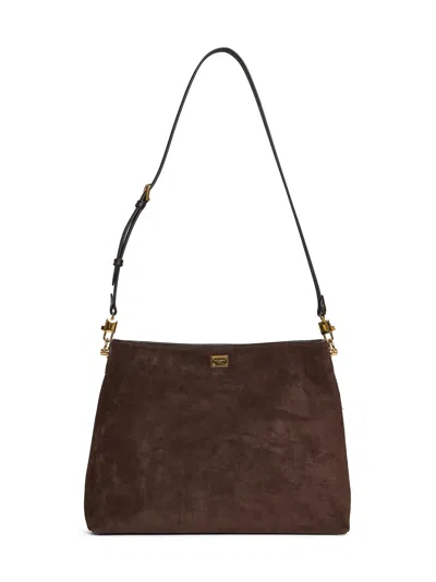 Dolce & Gabbana Logo-plaque Suede Shoulder Bag In Brown