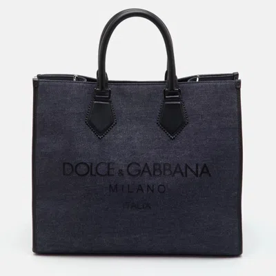 Pre-owned Dolce & Gabbana Edge Large Black/navy Blue Denim And Leather Logo Print Tote