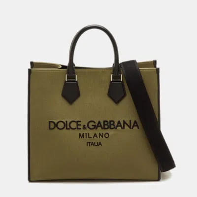 Pre-owned Dolce & Gabbana Edge Large Khaki Green/black Canvas And Leather Logo Shopper Tote
