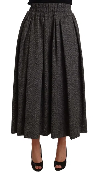 DOLCE & GABBANA ELEGANT A-LINE MIDI WOOL SKIRT IN GRAY ZIGZAG