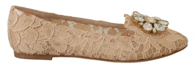 Dolce & Gabbana Elegant Beige Lace Vally Flats With Crystal Accent In Brown