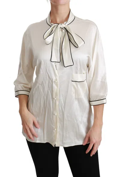Dolce & Gabbana Elegant Beige Silk Blouse With Bow Women's Scarf