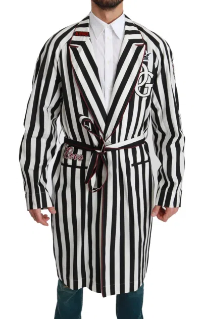 Dolce & Gabbana Belted Striped Cotton Coat In Black
