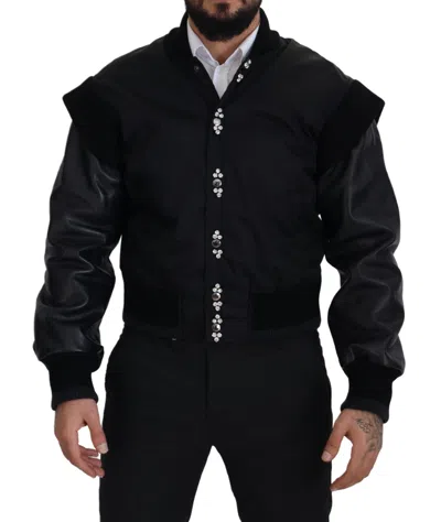 Dolce & Gabbana Nylon Crystals Bomber Jacket Leather Sleeves In Black
