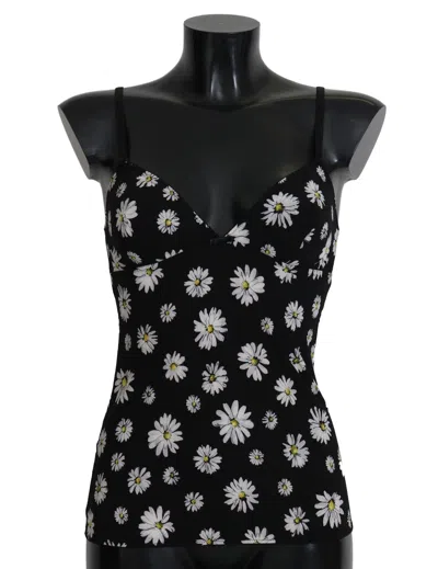 Dolce & Gabbana Daisy Print Silk Bustier Camisole Top In Black