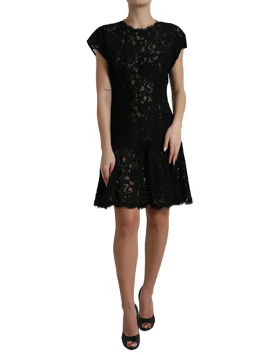 Dolce & Gabbana Floral Lace Cotton A Line Mini Dress In Black