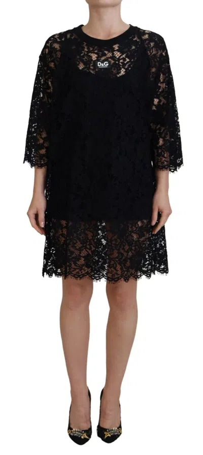 Dolce & Gabbana Floral Lace Cotton Shift Mini Dress In Blue
