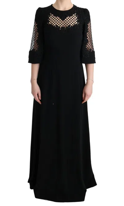 Dolce & Gabbana Black Ricamo Wool Stretch Maxi Dress