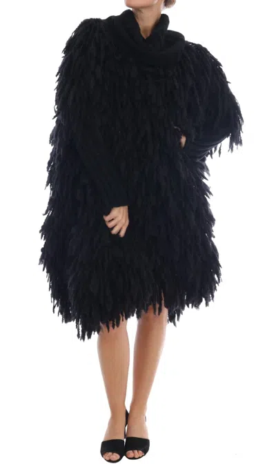 Dolce & Gabbana Fringed Wool High Neck Pullover Sweater In Black