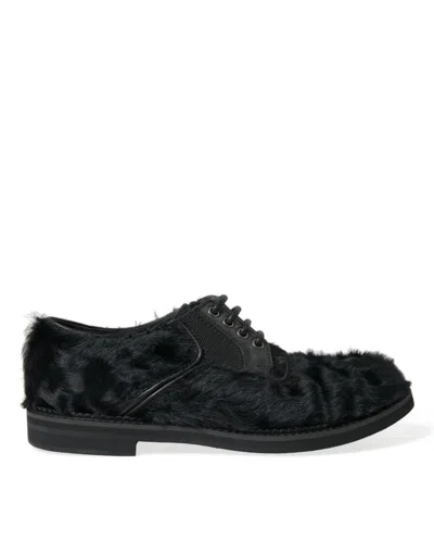 Dolce & Gabbana Elegant Black Fur Derby Dress Shoes For Men's Men