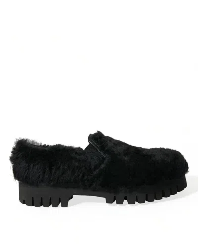 Dolce & Gabbana Fur Leather Slippers Dress Shoes Chunky Sole In Black
