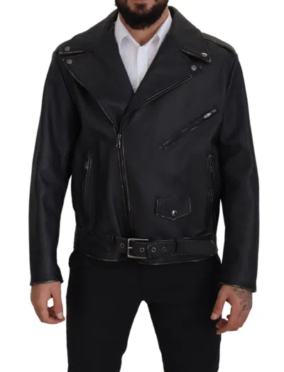 Dolce & Gabbana Lambskin Biker Coat Belt Waist Zip In Black