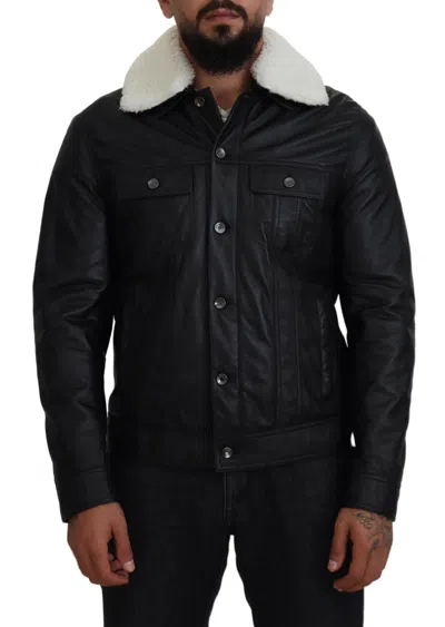 Dolce & Gabbana Black Leather Fur Collar Biker Coat Jacket